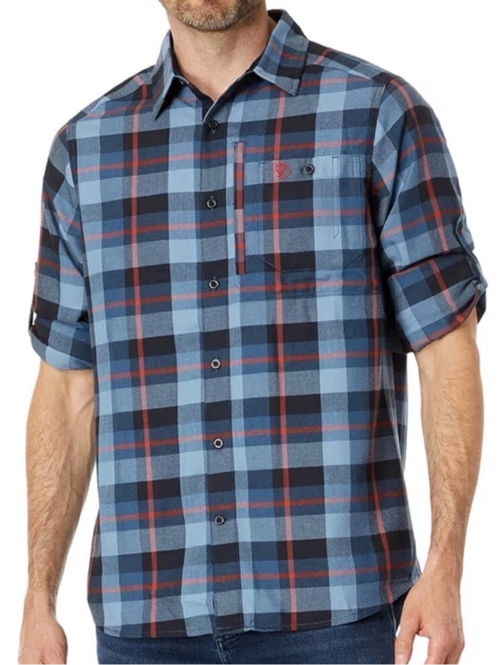 Fjallraven Fjallglim Shirt Men’s Plaid Flannel Indigo Blue Roll Sleeve Size M